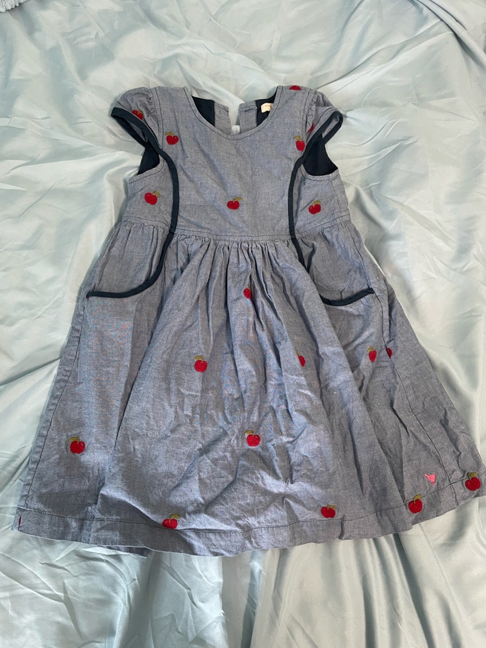 Pink Chicken Blue Chambray Dress with Red Apple Embroidery